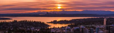 Bellevue Lake Washington Seattle Sunset Panorama A panoramic sunset view from Bellevue across Lake Washington toward Seattle, with Meydenbauer Bay and the Eastside in the foreground, the Seattle skyline in the...