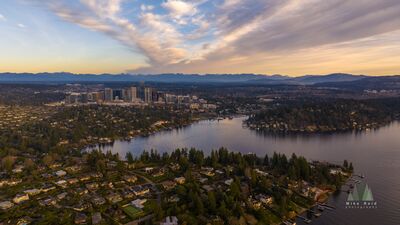 Over Bellevue Meydenbauer Bay and Medina.jpg Aerial view across Medina and Meydenbauer Bay toward the Bellevue skyline on the Eastside of Lake Washington. Residential shorelines, calm water, and downtown...