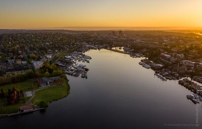 Sunrise Over Lake Union and Gas Works Park Aerial sunrise view across Seattle’s Lake Union with Gas Works Park in the lower left and the city stretching east toward the University District and I-5...
