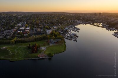 Golden Sunrise Over Lake Union and Gas Works Park Aerial sunrise view over Seattle’s Lake Union with Gas Works Park in the foreground and the surrounding neighborhoods stretching toward the eastern horizon....