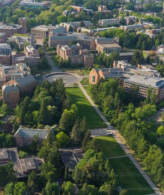 University of Washington from Drumheller Fountain to the Quad An aerial view across the University of Washington campus in Seattle, looking from Drumheller Fountain toward the historic central campus and the UW Quad. The...