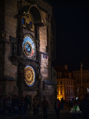Prague Astronomical Clock at Night A nighttime view of the Prague Astronomical Clock on the Old Town Hall in Prague, Czech Republic. The illuminated astronomical dial and calendar face stand out...
