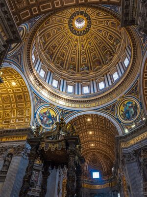 Michelangelo’s Dome and Bernini Baldachin in St. Peter’s Basilica A dramatic interior view inside St. Peter’s Basilica in Vatican City, pairing Michelangelo’s monumental dome with Bernini’s towering bronze baldachin below....