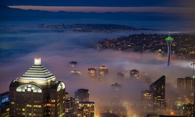 Seattle Fogscape with the Space Needle in Seahawks Colors Low fog drifts through downtown Seattle at blue hour as the Space Needle glows in green, echoing Seahawks colors above the mist. Photographed from the Sky View...