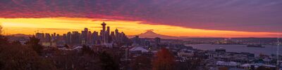 Seattle Kerry Park Photography Sunrise Curve Panorama A breathtaking wider panorama of Seattle bathed in fall light as a vast carpet of sunrise clouds stretches across the sky. The Space Needle and downtown skyline...