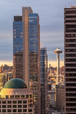 Seattle Space Needle Golden Light A classic Seattle composition looking north up First Avenue, framing the iconic Space Needle between the city’s high-rises in the soft light of dusk. The...